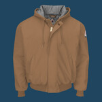 Insulated Brown Duck Hooded Jacket with Knit Trim